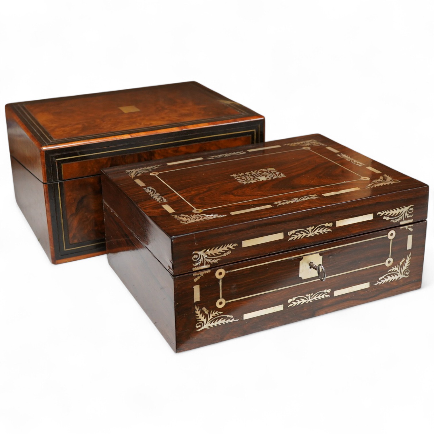 An early Victorian rosewood mother of pearl inlaid work box and burr walnut with slope
